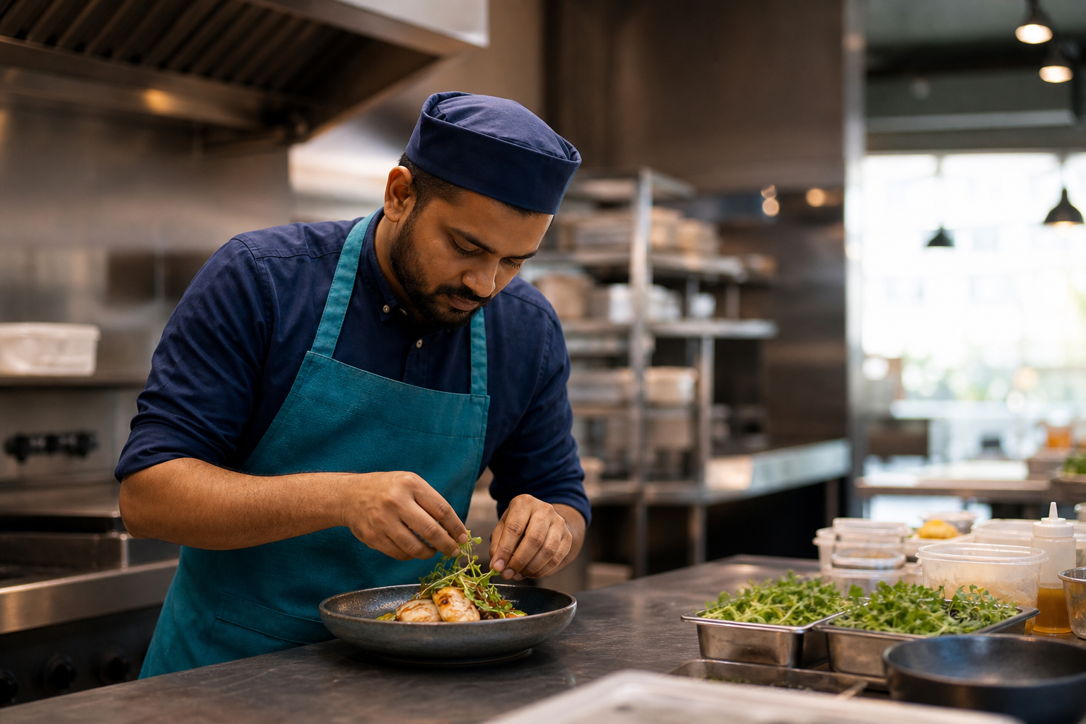 Cloud-kitchen chef plating a dish
